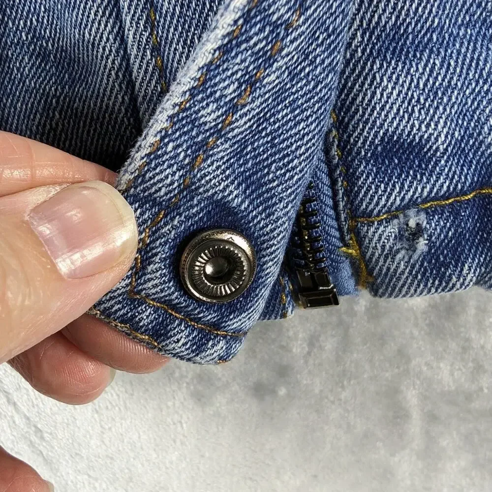 Vintage Denim Jacket Womens Small Hooded Full Zip Snaps Pockets Boho Retro READ